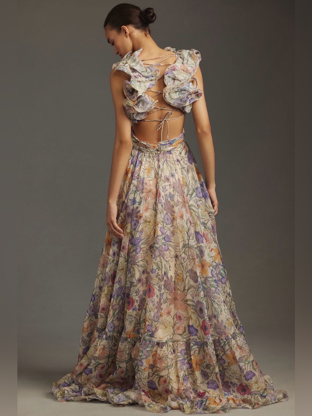 Mac Duggal Ruffle-Sleeve V-Neck Tiered Chiffon Maxi Dress - size 6 - Picture 2 of 9